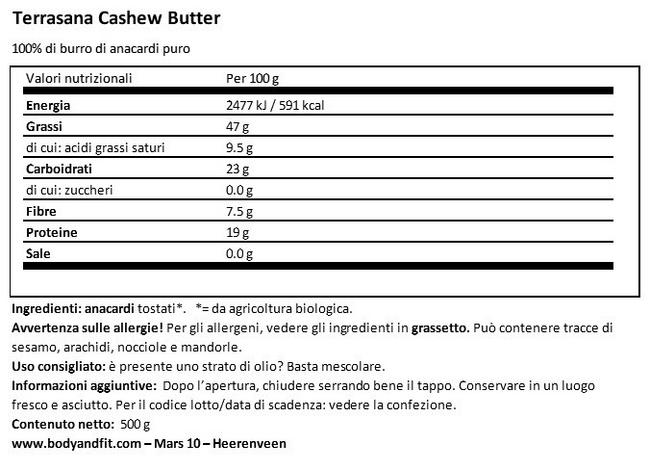 Cashew Pasta – Terrasana Nutritional Information 1